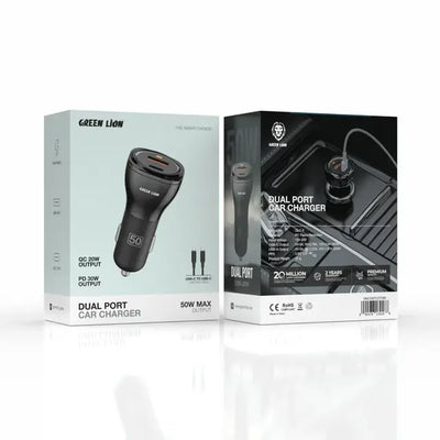 Green Lion Dual Port Car Charger 50w (PD 30w + QC 20w) USB-C To USB-C Cable 1m