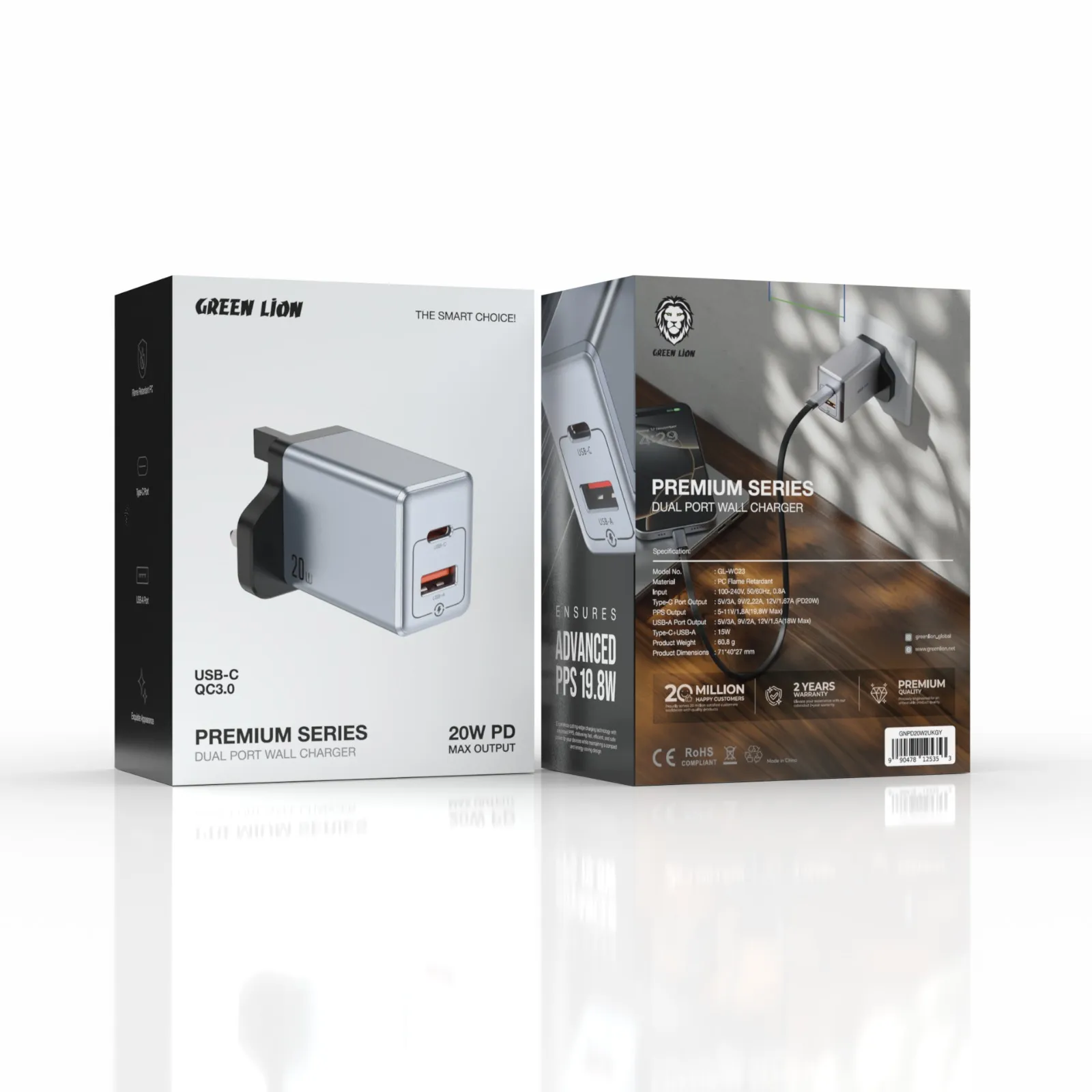 GREEN LION PREMIUM SERIES DUAL PORT WALL CHARGER 20W PD